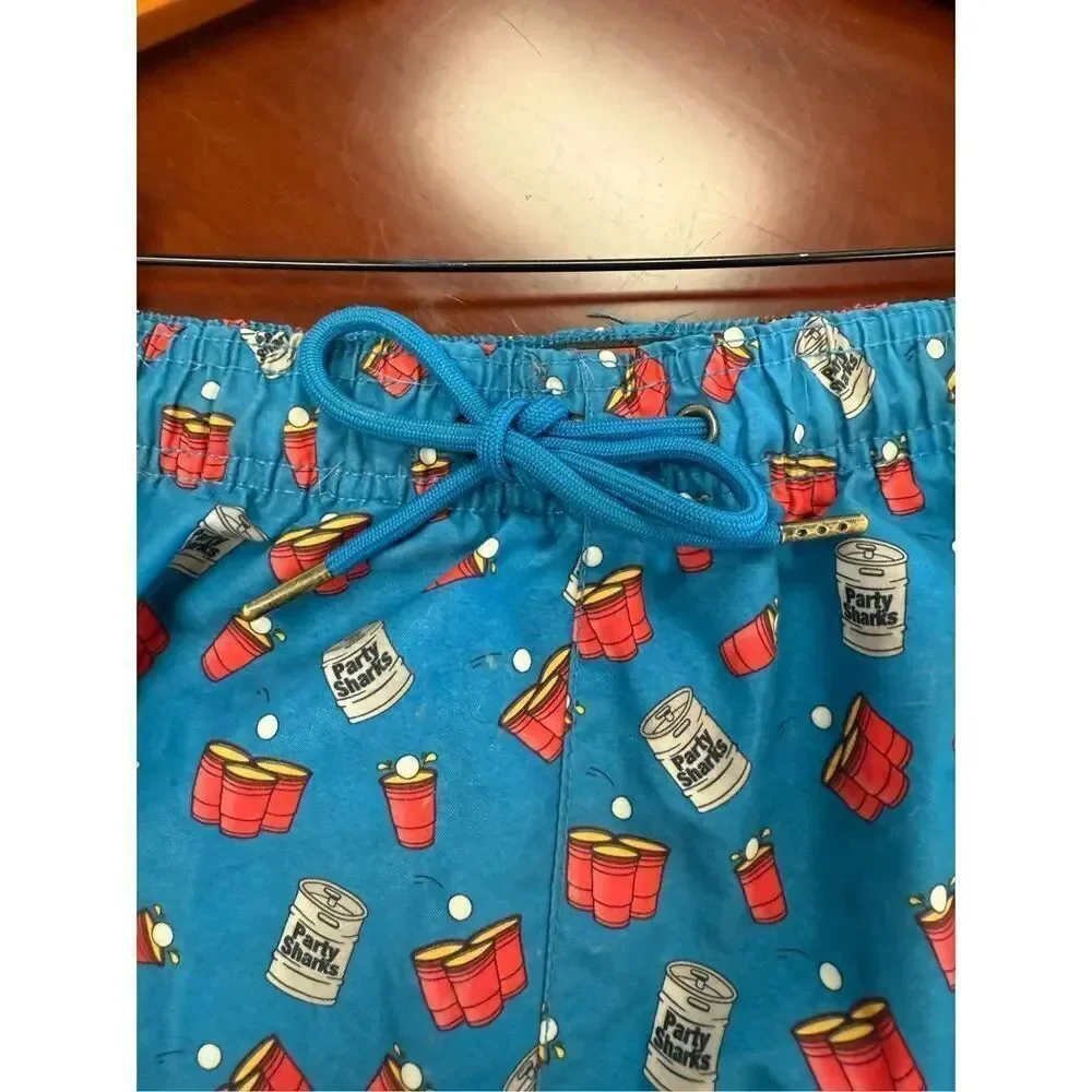Party Sharks Blue w/ Red Solo Cups Swim Trunks sz S EUC